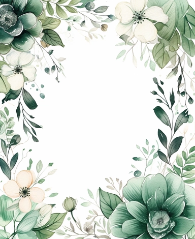 rectangle floral frame, thin border, green flowers and leaves, minimal with white space in middle, clipart, watercolor flowers, hand drawn, white background, clipart,