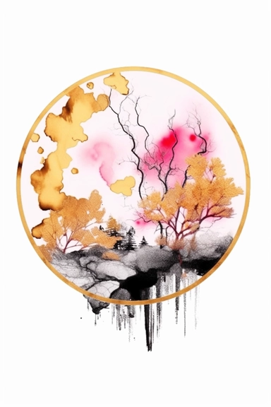 beautiful gorgeous alcohol ink of gold serene nature scene with a central focus on a pink circle , minimalist style, crystals, glam, glossy, glitter texture, liquid ink clipart, modern and stylish design, bright colors, 300 dpi, clear decoration, clear white background, highly detailed digital art, 8k