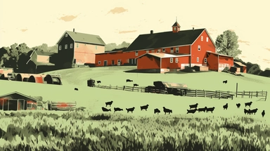 in clipart style, pen and ink, minimalist, in the style of Eric Carle, In the distance, you can see a herd of cows grazing lazily in a lush green pasture, while a flock of chickens pecks at the ground nearby. As you walk closer to the farmhouse, you hear the sound of a tractor revving up in the distance, as a farmer plows a field in preparation for planting
