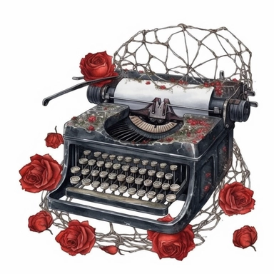 clipart, highly detailed cobweb-covered typewriter, red roses, watercolor, transparent background, white background