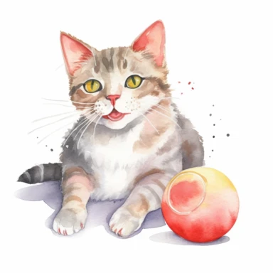 Lovely watercolor clipart of a playful cat with a toy ball, capturing the happiness and energy of pets, with delicate colors and intricate details, perfect for a wall art print, whimsical and charming, high-quality illustration, hand-painted with love, elegant and sophisticated.