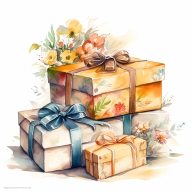 insanely beautiful pile of 3 gift packages , in the style of beatrice potter, 32k uhd, hand-painted details, pastoral illustrations, amazing colour combinations , aquarellist, hd , white background clipart ,-- no watermark--ar 27:37