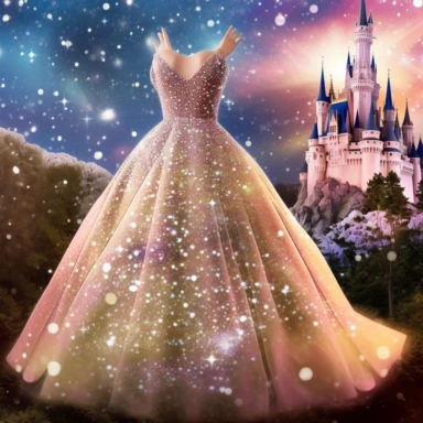 Background: A magical and enchanting setting with a shimmering castle in the distance, surrounded by blooming flowers and twinkling stars, creating an atmosphere of fantasy and wonder. Foreground: A stunning clipart of a princess dress, intricately designed using the power of Generative Art. The dress embodies elegance, grace, and charm, with flowing layers, delicate details, and a touch of whimsy. Key Elements: Ethereal Colors: Soft pastel hues and a touch of iridescence bring the princess dres