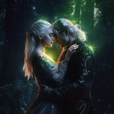 Clipart, just real, cinematic lighting, couple of elf lovers, kiss , white hair, man with medium hair, green eyes, fantasy background, 8k, darkness& light