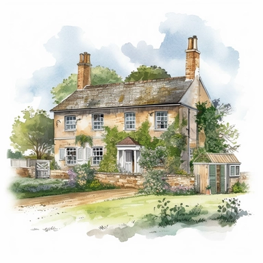 watercolour beautiful Georgian country farmhouse beautifully detailed perfect realistic features beautiful perfectly detailed Georgian country house png image,high resolution,300dpi,graphic clipart,computer graphics