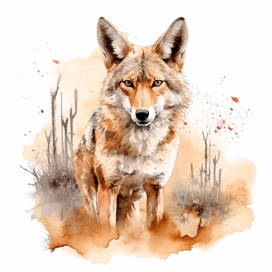 watercolor painting of a Coyote, clipart, watercolor clipart, watercolor splashes, illustration, artsy, desert, warm colors, white background