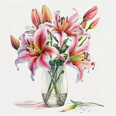 Watercolor realistic detailed pink tiger lily bouquet in a stunning vase clipart, white background, no text