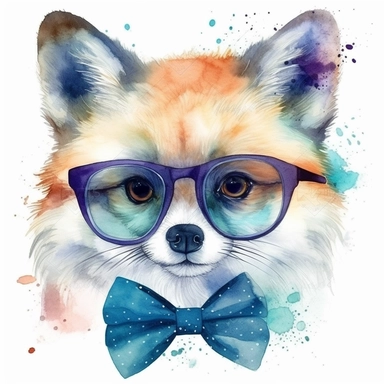 please create watercolor clipart of a ARCTIC, smiling, wearing party prop glasses and bow tie, colorful