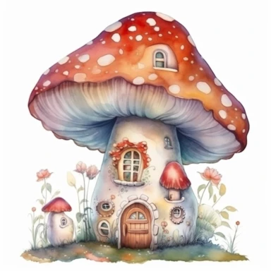 illustration of a toadstool, cottagecore, watercolor art, cartoon artstyle, fantasy magical color palette, clipart, isolated on a white background, very high quality, 8k