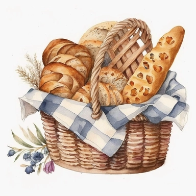 basket of artisan bakery bread, watercolor, cute, white background, clipart