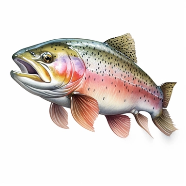 rainbow trout with hook, clipart graphic, highly detailed, isolated figure, isolated graphic, no shadows, isolated on white background, now shadows or external detail, only the trout with nothing else