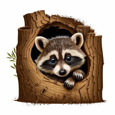 Adorable baby raccoon peeking out of a tree hollow clipart