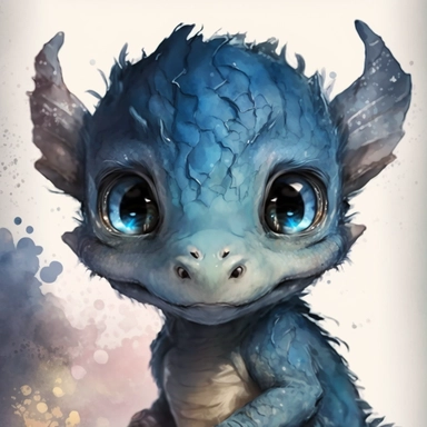 a watercolor painting of a Tiny cute adorable baby dragon looking directly into the camera and slightly smiling, dragon has little braid of hair in the centre, blue color with blue eyes, watercolor painted effect skin, intricate details, glass eyes, skip has watercolor painting effect, soft cinematic lighting, 8k, portrait, Pixar style character, pokemon anime style octane render, upper body only, inspired by Hanns Katz, logo, pastel colors, liquid cooled, 70's, clipart, chill out, retro, full b