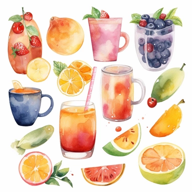 Food and Drink Watercolor Clipart: Paint watercolor fruits, vegetables, desserts, or beverages like coffee and tea, single style, white background
