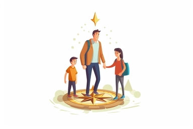 brave father standing near the compass, vector art, clipart, white background