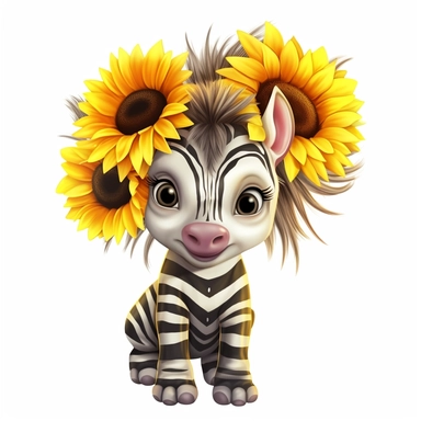 Cute Beautiful Happy Face Baby Zebra Sunflower On Head Is Standing Full Body Sublimation Clipart,Cartoon, hyper realistic, intricate detail, illustration style,high solution,on the white background