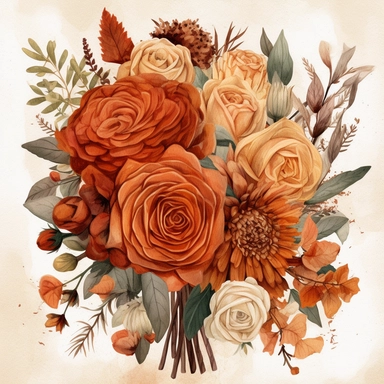 create a beautiful high quality highly detailed highly saturated watercolor clipart illustration of a beautiful single and elegant decorative SIMPLE COTTAGECORE BRIDAL BOUQUET WITH THE FLORAL STEMS WRAPPED in SILK BURLAP WITH THE BOTTOM OF THE STEMS SHOWING covered in a theme of burnt orange, terracotta, beige, flower arrangement with vendela rose, dahlia rose, rose bud, willow, use intricate detailing for the BRIDAL BOUQUET, pay close attention to the leaves, this illustration should be used fo
