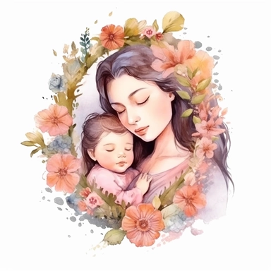 beautiful mommy cuddle her cute baby with pale flowers, dreamy styles, pale and flower background, cartoon character, watercolor styles, Sublimation Clipart,hyper realistic, intricate detail, illustration style,high solution,on the white background