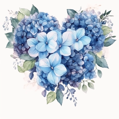 one watercolor heart shaped flower frame beautiful hydrangea clipart on a white background, in the style of dark blue and light blue, elaborate borders, hyper-realistic water, handcrafted designs, water and land fusion, dark sky-blue and light beige, water drops, no watermark, text, 300 DPI , typography, shapes do not stick together, no text in the picture, on a white background