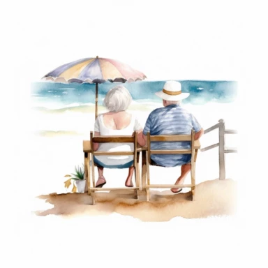 Old Couple on Beach Chair Watercolor Sublimation Clipart, Clipart, white background, no watermark, no text, no word,