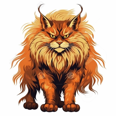 Clip Art of FRIGHTENING HALLOWEEN THEME Big Maine CAT Breed with with Extra long thick Fantasy hair a beautiful thick fluffy tail and elongated ears that are tufted, FANGS, CLAWS, 2D, VECTOR on white background
