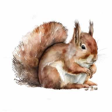 cute squirrel, watercolor clipart, realistic, childlike animal illustration, isolated on white background, Beatrix Potter, clean blended strokes, ginger and dark brown color, lying down flat on belly
