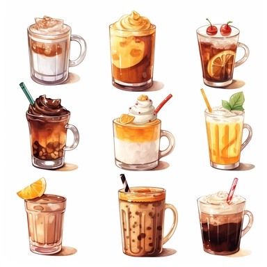 Milk, Soft Drink, Coconut Water, Coconut Milk Shake, Iced Chocolate, Hot Chocolate, Iced Cocoa, Macchiato, Squash, Caramel Latte, Caramel Macchiato, Bubble Milk Tea, Black Tea, white background, clipart, Object, vector collection, 8k, watercolor