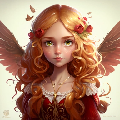 lilly stone, beautiful smiling fairy with large wings, 10 year old girl with long strawberry blonde wavy hair, burgundy dress, big eyes, BENTE SCHLICK style illistration, sparklecore, flowers, hyper detailed, white background, mid shot, clipart