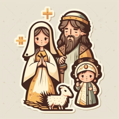 vector sticker design, anime style Christmas nativity clipart, white background, flat colors