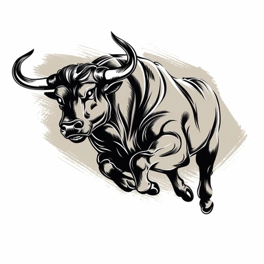 running bull, rage in face, profile, clipart drawing, monochrome, flat white background