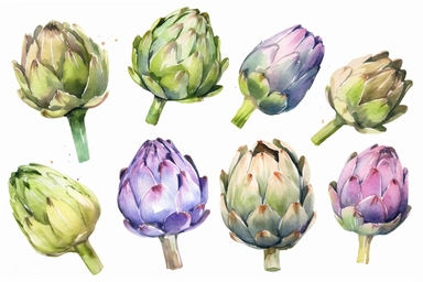 watercolor artichoke vegetable clipart, flat style, no volume, few details, washed out, minimalistic style, very lose details, very light colors, transparent colors, light airy hues and pastel tones, spaced out, white background, washed out colors and paint, hand-painted watercolor, watercolor spray, watercolor splash, splatters and paint smudges on top of each artichoke, watercolor paper with visible rough paper texture, a variety of watercolor brushes, do not cross workspace borders, rough wat