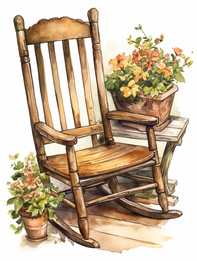 watercolor, vintage, country, wood rocking chair with beautifully carved arm rests and flower pots next to it, on white background, clip art