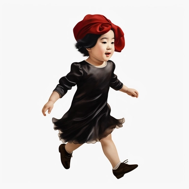 Singer Yoko Ono as a 2 year old toddler, wearing a classic black satin chanel dress, red shoes, red velvet bowler hat, gold silk scarf, dancing, irradiant facial expression, plain white background, clipart