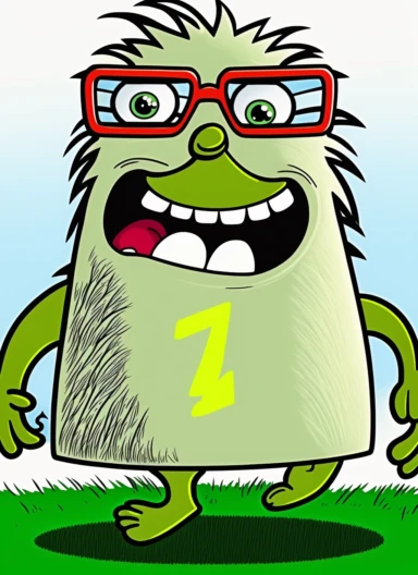 with red glasses cartoon clipart vector, jogging across a meadow, race number bib, green yeti fur, groovy, green