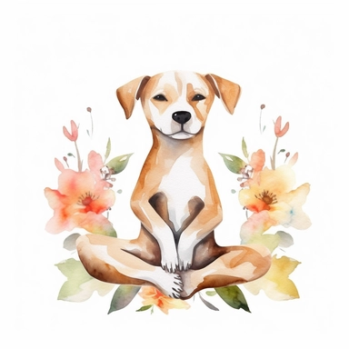 cute dog doing yoga exercise, yoga lotus flower background, watercolour clip art