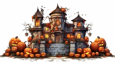 isolated images, illustrations on a white background, heavy armored castle walls exterior, halloween theme, pumpkins, spiders, witches, serene, dark fantasy ,Clipart, cartoon, realistic, isolated, full building, highly detailed, hdr, 32K, photo expert quality,game asset , hyperrealistic and highly detailed, isolated on a white background, Screenprint
