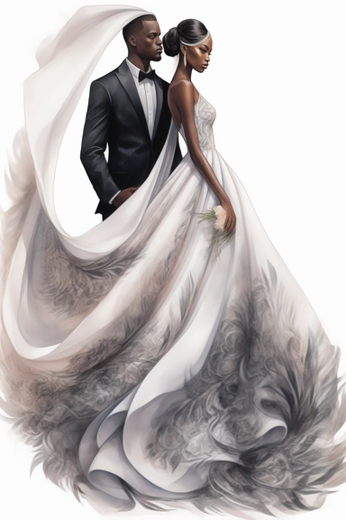 amazing detailed watercolor clipart of a beautiful black woman bride and groom, the woman with a beautifully detailed Heavenly draping baroque-inspired haute couture gown on a beautiful young woman stunning seraphim posing a classical fashion setting and a long veil, holding hands with a handsome black groom, no caption, solid white background, cinematic light lighting, hyper-detailed, 8k, high resolution, symmetrical, bodyshot photograph, insanely detailed and intricate, beautiful, elegant, wat