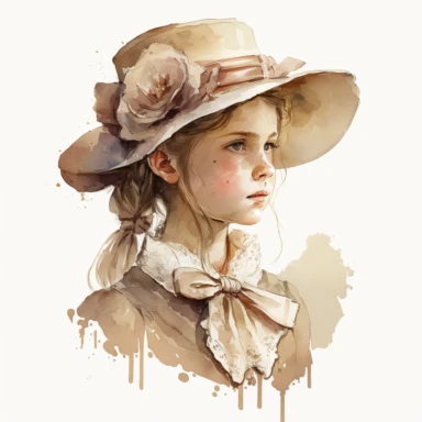 watercolor, girl with very old victorian clothes pastel beige color, abeige magician hat on the head of the girl, good quality illustration, clipart, white background