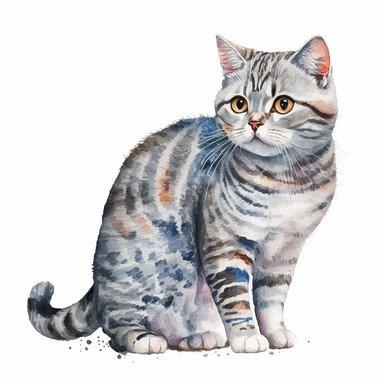 watercolor cute American Shorthair cat clipart, white background,