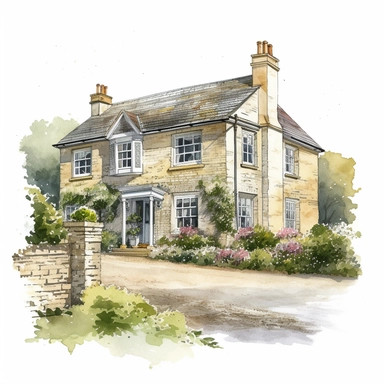 watercolour beautiful Georgian country farmhouse beautifully detailed perfect realistic features beautiful perfectly detailed Georgian country house png image,high resolution,300dpi,graphic clipart,computer graphics