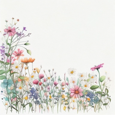 pastel color high resolution many field blossoms and flowers, floral bottom low border, watercolor clipart, white background