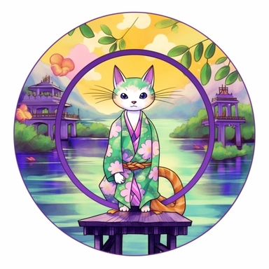 Cat in japanese GREEN AND PURPLE AND YELLOW kimono, fishing, in a circle background of Japanese surroundings, ClipArt, Watercolor featuring Kawaii Cat in Kimonos