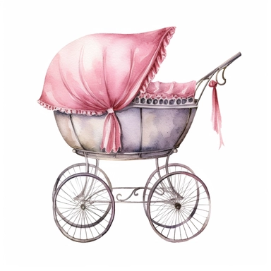 watercolor antique baby carriage pram with pink body, clipart