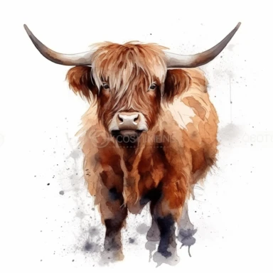 watercolour standing highland cow , clipart, high quality, photorealistic, no mockups, watermarks, numbers, writing, letters