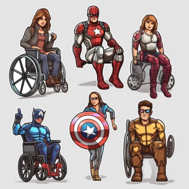 6 clipart elements, series of very hyperdetailed colorful stickers, cool people with disabilities, marvel style, superheros, each sticker with a clear white outline between each element, light grey background, realistic