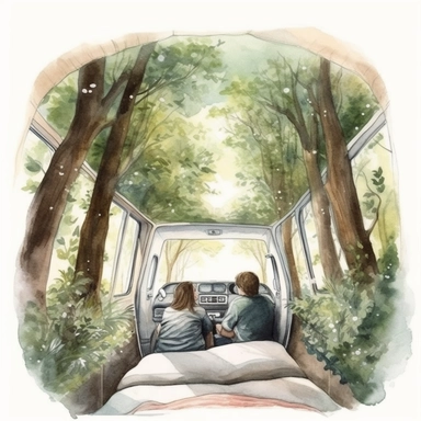 watercolor drawing and realistic look of a couple lying inside their cosy van, view from the back Doors of their van, clipart, white background, 8k, trees and leaves