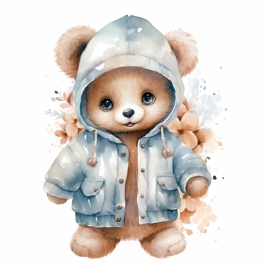 watercolor , character cute dressed baby teddy bear, clipart, vector, on white background, 8k