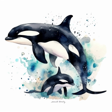 orca Mom and Baby Watercolor Clipart Graphic, 4k white background