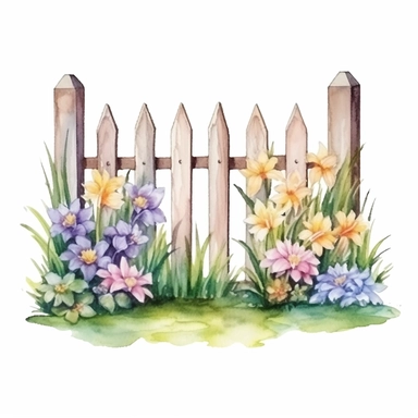 clipart, isolated on white background, Watercolor Spring beautiful ornated fence fulls of the colorful flowers and grass and plants and branches, ornated, pastel colors