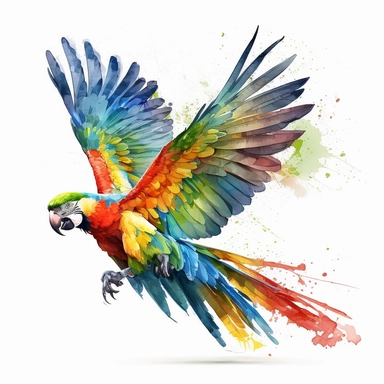 a colourful parrot flying, clipart format, watercolour, full white background